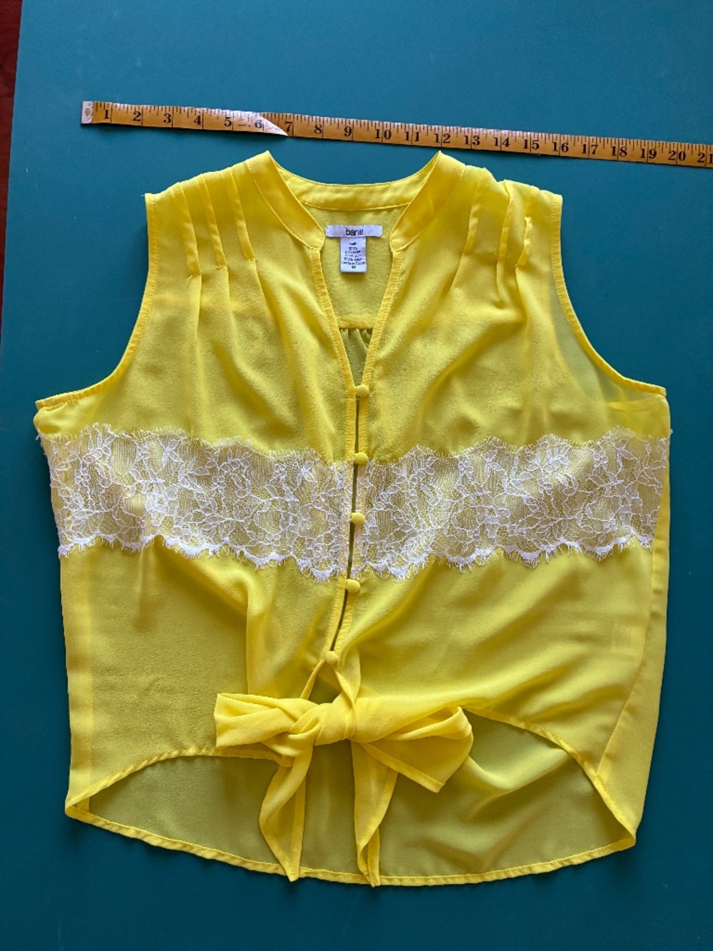 Bar 111 Sleeveless Sheer Tie Front Blouse with White Lace Yellow Medium